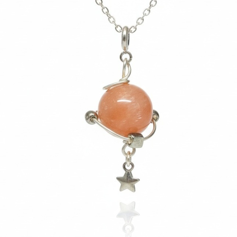 Orange Sunstone Gemstone Planet‎ Star Pendant Cosmic Crystal Necklace Silver